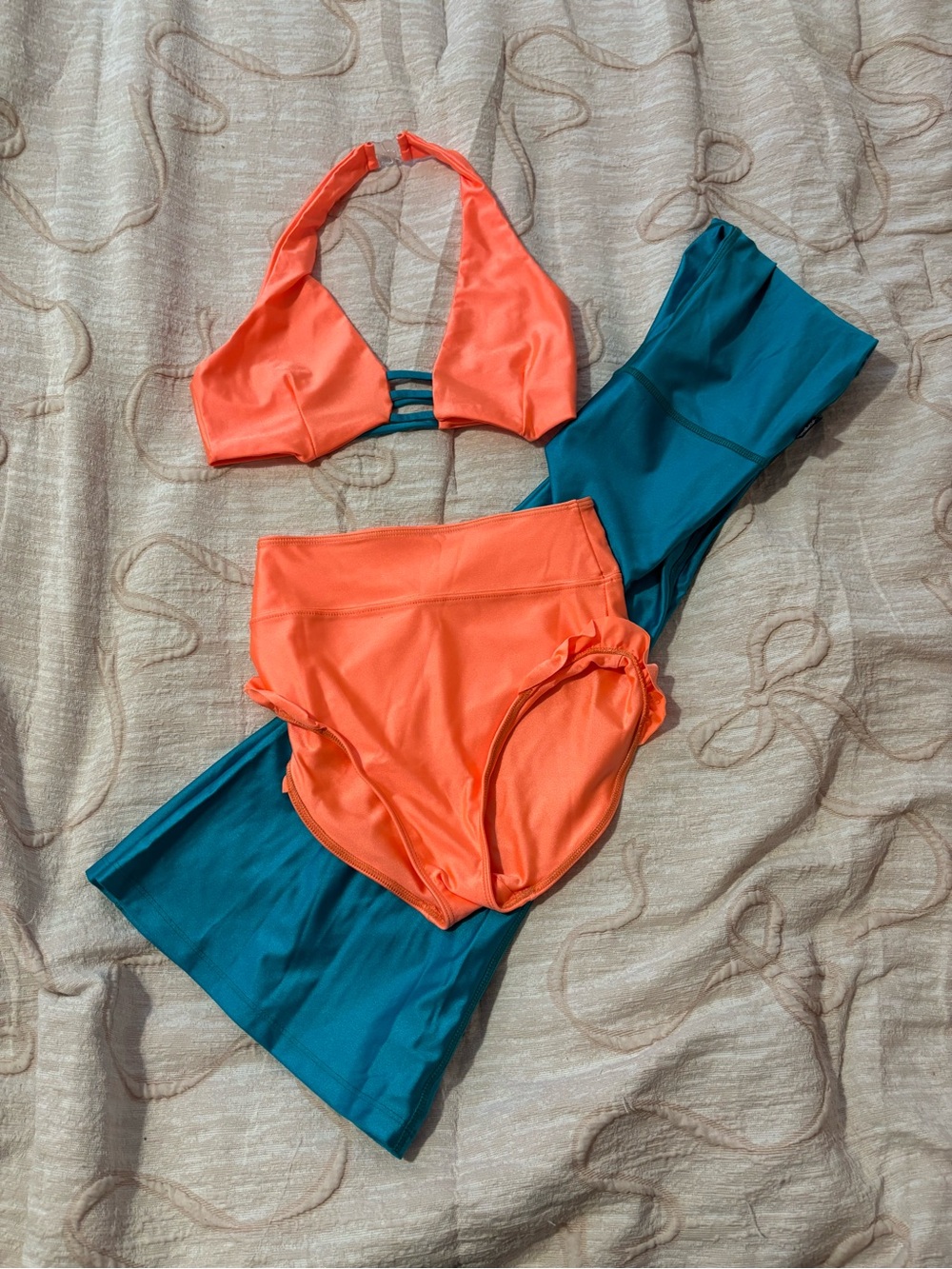High-Waist Neon Coral set & Top Set with Teal Leggings Tiger Friday